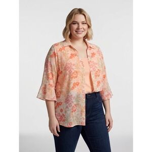 White Stag Floral Blouse Women 1X Orange 3/4 Sleeve Tropical Sheer Button Up VTG